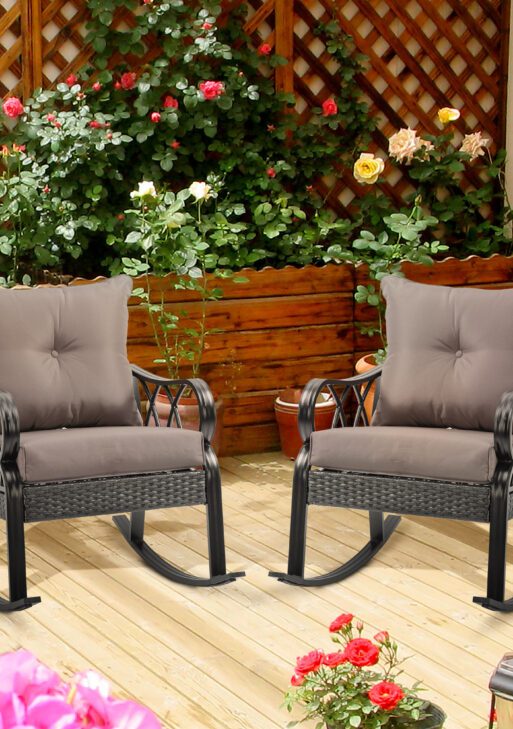 2 Piece Outdoor Wicker Rocking Chairs Rattan Porch Rockers with Cushions, Aluminum Frame for Garden, Patio, Gray