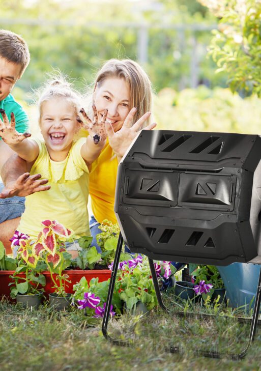 Tumbling Compost Bin Outdoor 360° Dual Chamber Rotating Composter 43 Gallon, Black