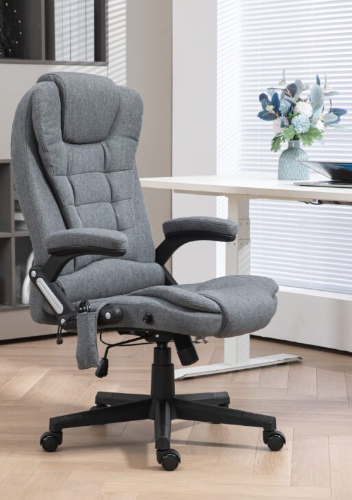 6 Point Vibrating Massage Office Chair with Heat, Linen High Back Massage Desk Chair with Reclining Backrest, Gray