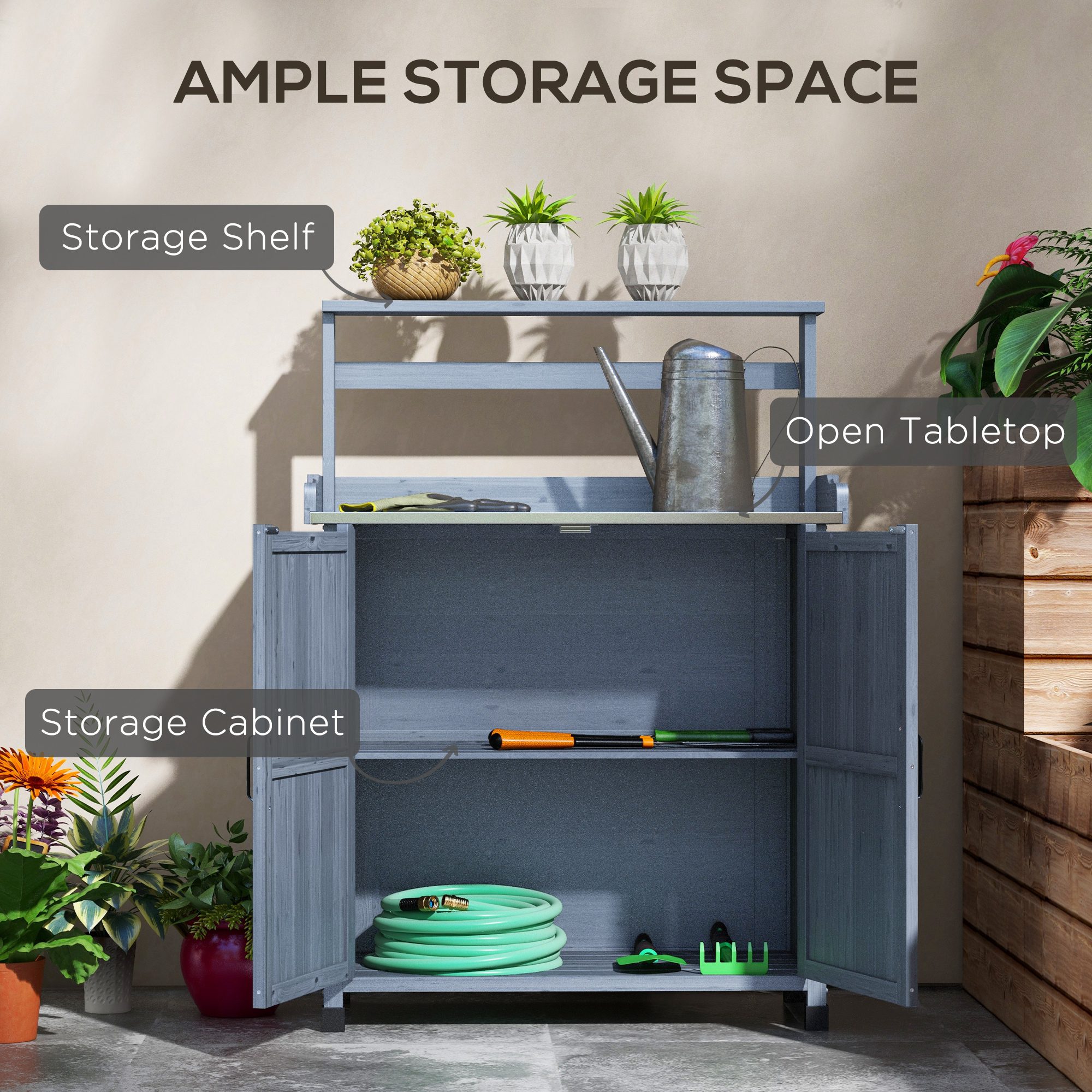 Outdoor Wooden Potting Bench with Storage Cabinet, Shelves, Galvanized Plated Tabletop for Backyard, Balcony, Gray - Image 3