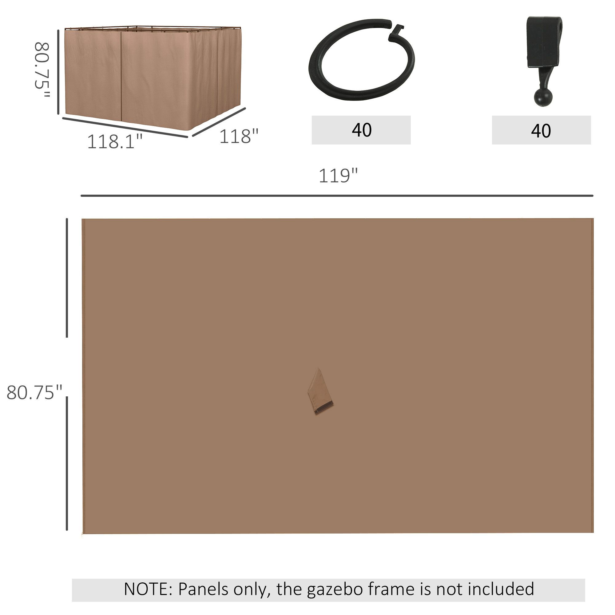 9.84' x 9.84' Gazebo Sidewall Set with Hooks/C-Rings, Brown - Image 1
