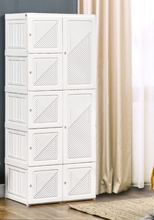 Portable Wardrobe Closet, Folding Bedroom Armoire, Clothes Storage Organizer with Cube Compartments, Hanging Rod, Magnet Doors, White