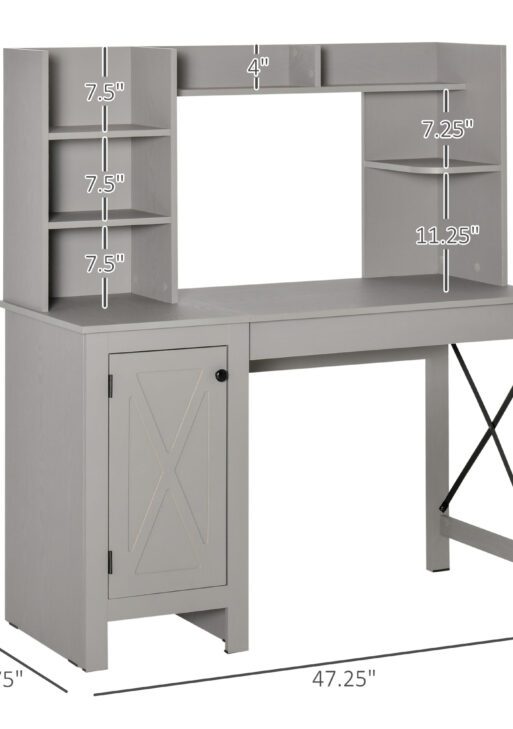 Computer Desk W/ Hutch, Home Office Desk W/ Storage Cabinet, Light Grey