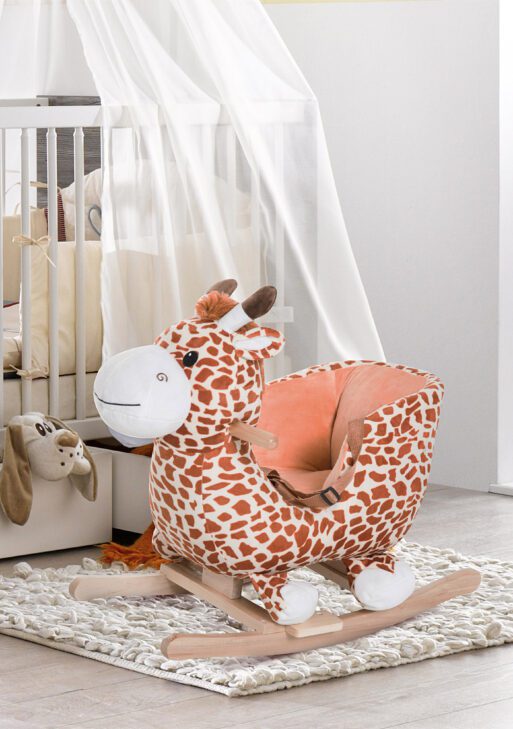 Kids Plush Rocking Horse Giraffe Style Themed Ride-On Chair Toy With Sound Brown