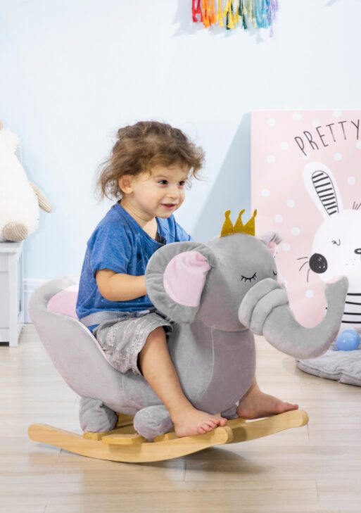 Baby Rocking Horse Elephant Rocking Chair Toddler Rocker Toy with Sound Wooden Base Seat Safety Belt for 1.5-3 Year Old, gray