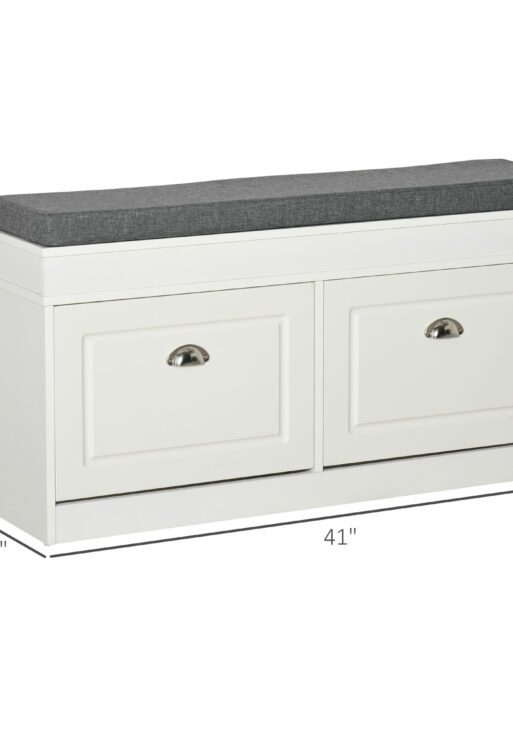 Modern Shoe Storage Bench, Entry Way Bench with Cushion, 2 Drawers, Storage Ottoman Bench, Holds 8 Pairs, White