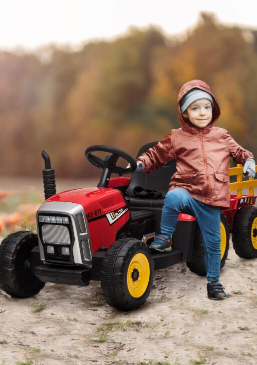 12V Electric Ride on Tractor with Trailer, 25W Dual Motors, Red