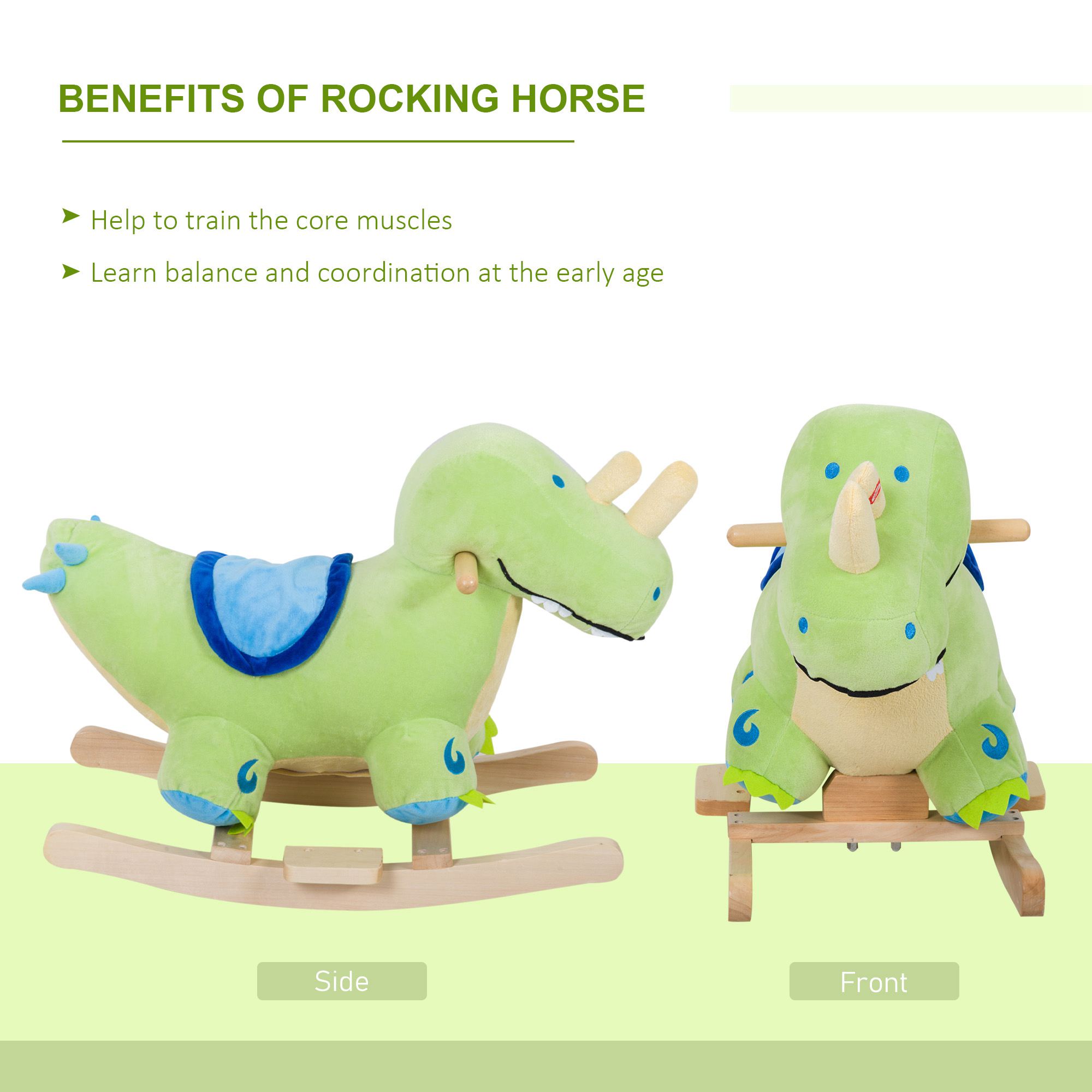 Kids Plush Ride-On Rocking Horse Toy Dinosaur Ride on Rocker Green with Realistic Sounds - Image 4