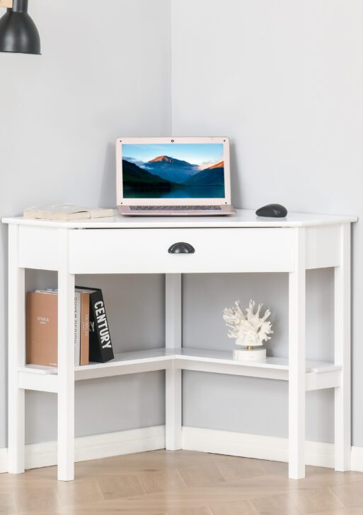Corner Desk, Triangle Computer Desk with Drawer and Storage Shelves for Small Spaces, Home Office Workstation for Living Room, or Bedroom, White