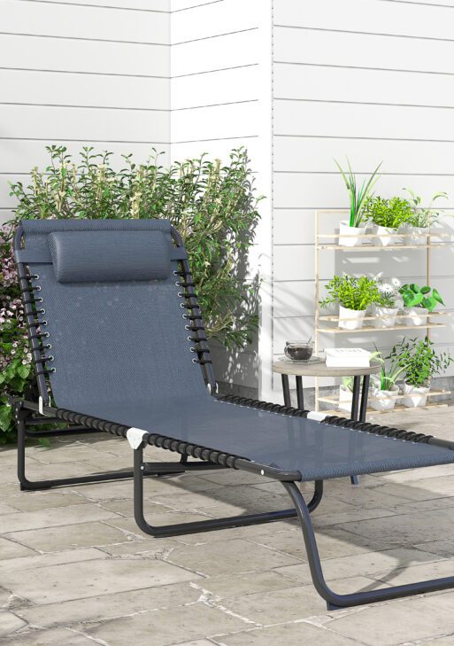 Folding Chaise Lounge Pool Chair with 4-Position Reclining Back, Breathable Mesh & Bungee Seat, Gray
