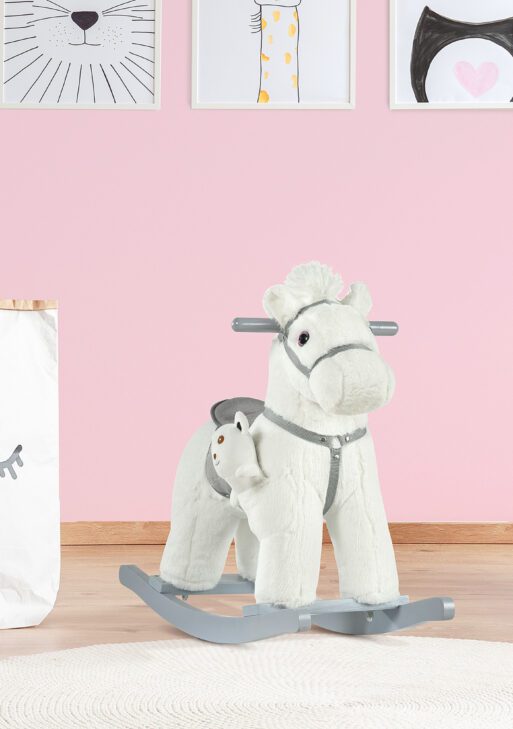 Qaba Kids Plush Ride-On Rocking Horse with Bear Toy, Children Chair with Soft Plush Toy & Fun Realistic Sounds, White