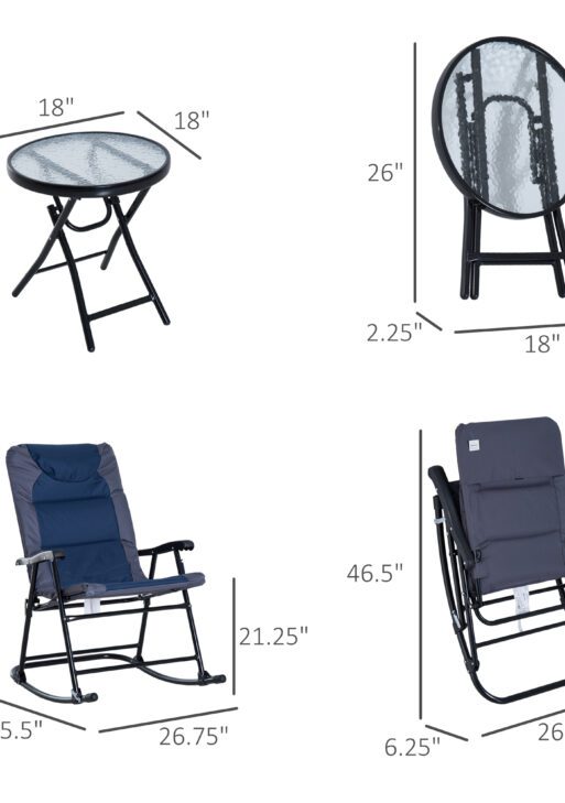 3 Piece Outdoor Folding Rocking Chair and Table Set - Blue and Gray
