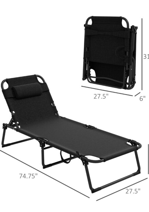 Outdoor Folding Chaise Lounge Chair with 4-Position Adjustable Backrest, Magazine Pocket, Removable Head Pillow, Gray