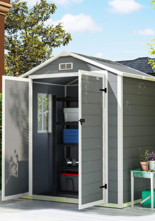 6x4.5 Outdoor Storage Shed, Lockable Tool Shed with Double Doors, Vent and Window for Garden, Cottage Style, Family Use, Gray