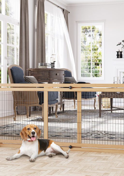 71" W x 27" H Extra Wide Freestanding Pet Gate with Adjustable Length Dog, Cat, Barrier for House, Doorway, Hallway, Natural