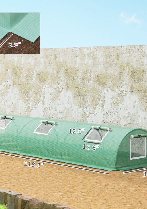 Mini Greenhouse with 5 Mesh Windows, Portable Plant Hot House with PE Cover and Steel Frame, 10' x 3' x 2' , Green