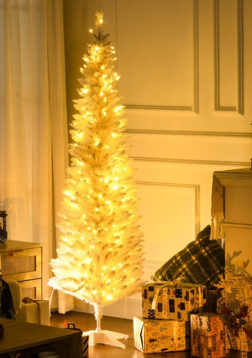 6ft Pencil Christmas Tree, Slim Artificial Christmas Tree with Realistic Branches and Warm White LED Lights, White