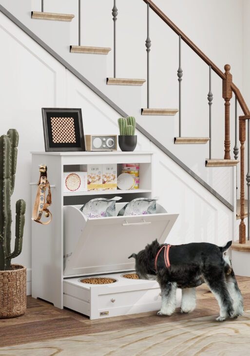 Pet Feeder Station Storage Cabinet, Dog Food Storage Container with Dog Raised Bowls, Watering Supplies, White