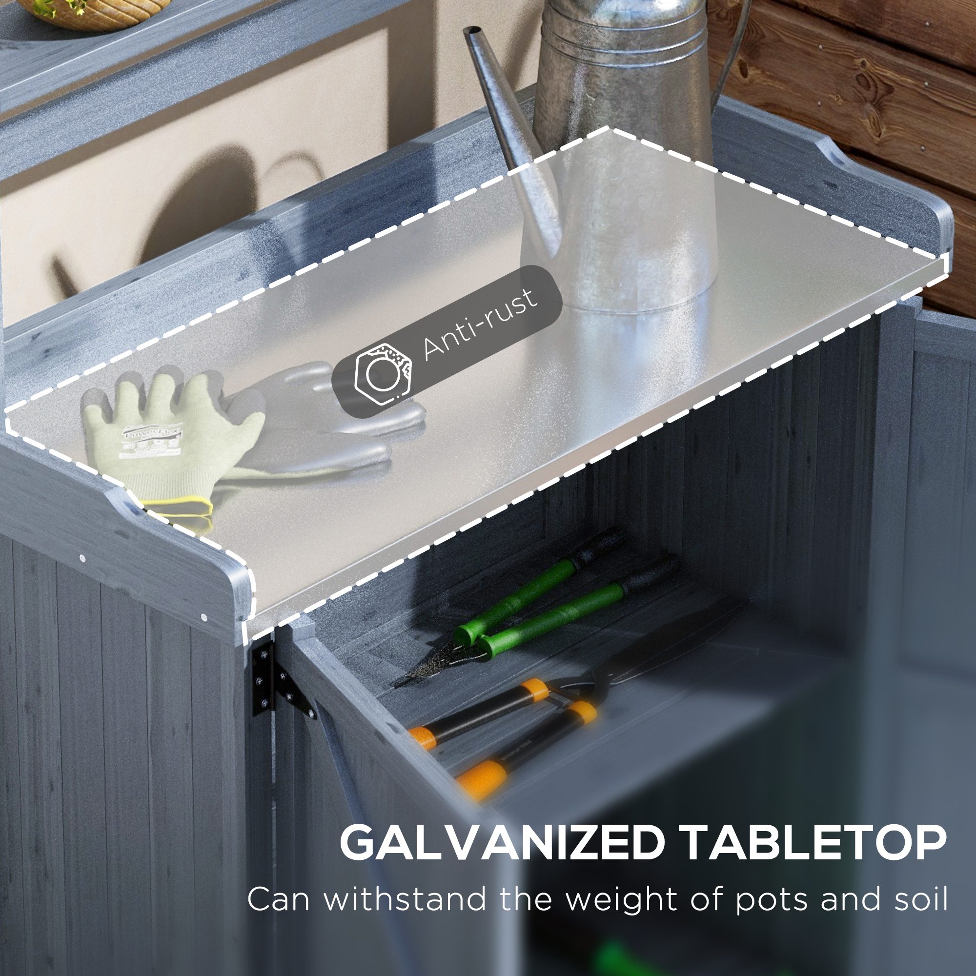 Outdoor Wooden Potting Bench with Storage Cabinet, Shelves, Galvanized Plated Tabletop for Backyard, Balcony, Gray - Image 2