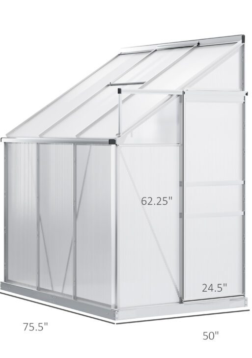 6' x 4' Aluminum Lean-to Greenhouse Polycarbonate Walk-in Garden Greenhouse with Adjustable Roof Vent, Rain Gutter and Sliding Door for Winter, Clear