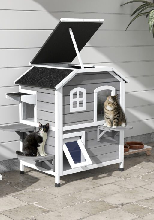 2-story Cat House Outdoor, Weatherproof Wooden Cat Enclosure for Feral Cats with Escape Door, Openable Roof, Jumping Platforms, Gray