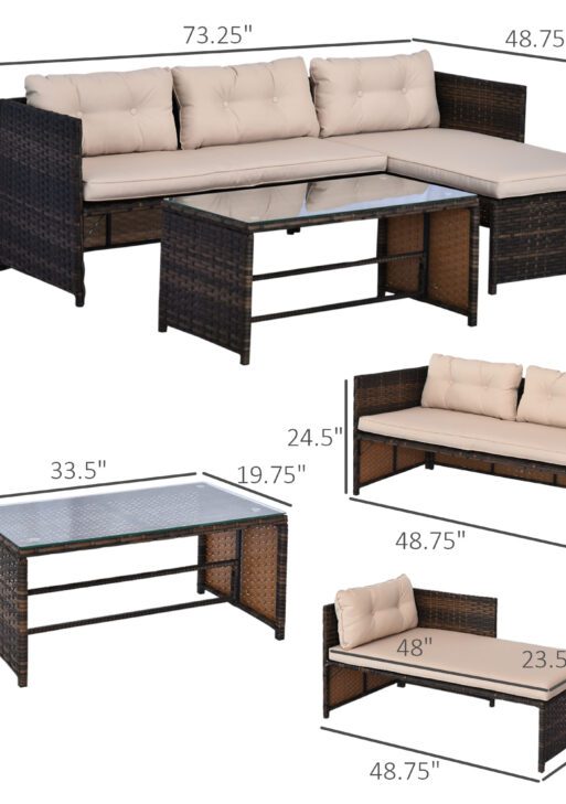 3 Piece Patio Furniture Set, Rattan Outdoor Sofa Set with Chaise Lounge & Loveseat, Soft Cushions, Tempered Glass Table, L-Shaped Sectional Couch, Beige