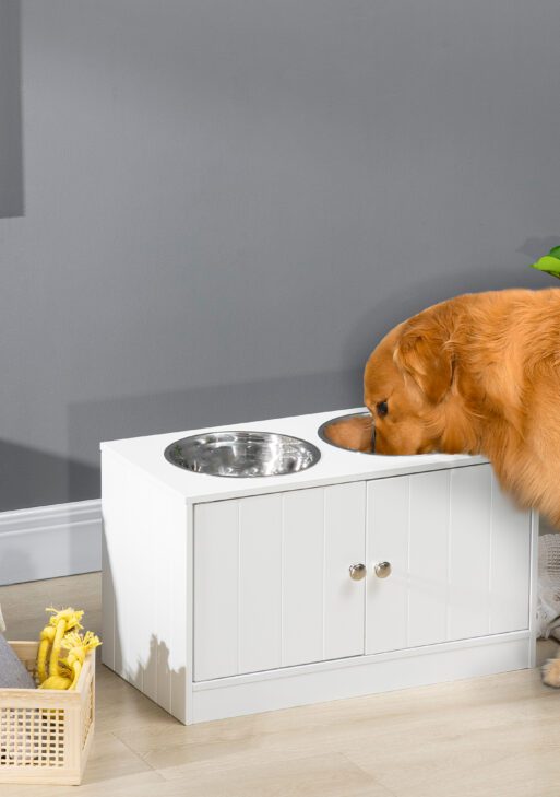Large Elevated Dog Bowls with Storage Cabinet Containing Large 44L Capacity, Raised Dog Bowl Stand Pet Food Bowl Pet Feeding Station, White