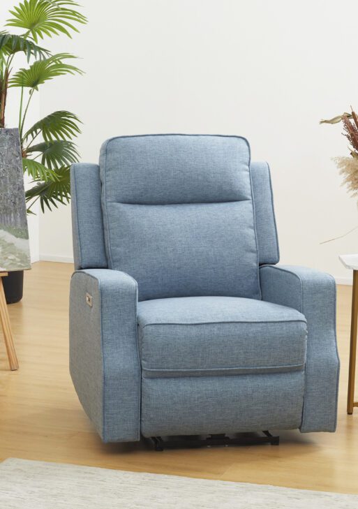 Electric Power Recliner, Wall Hugger Armchair with USB Charging Station, Sofa Recliner with Linen Upholstered Seat and Retractable Footrest, Blue