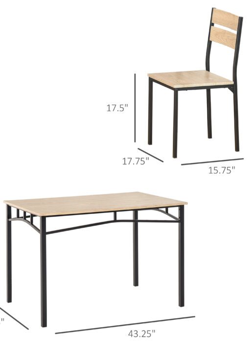 Rustic Industrial 5-Piece Dining Table Set Black Metal with 4 Chairs for Kitchen, or Dining Room, Oak