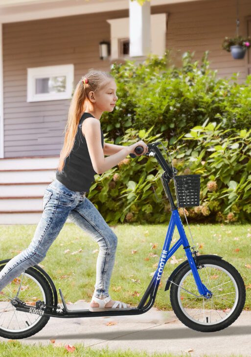 Youth Scooter, Kick Scooter with Adjustable Handlebars, Double Brakes, 16" Inflatable Rubber Tires, Basket, Cupholder, Blue