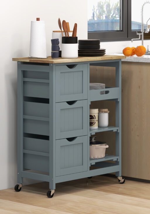 Rolling Kitchen Cart, Kitchen Island with Wood Top, Shelves & Drawers for Dining Area, Gray