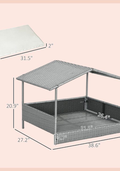 Wicker Dog House Outdoor with Canopy, Rattan Dog Bed with Water-resistant Cushion, Raised Pet Bed for Small, Medium Breeds up to 66 lbs, 20" in Length, Silver Wicker, White Cushion