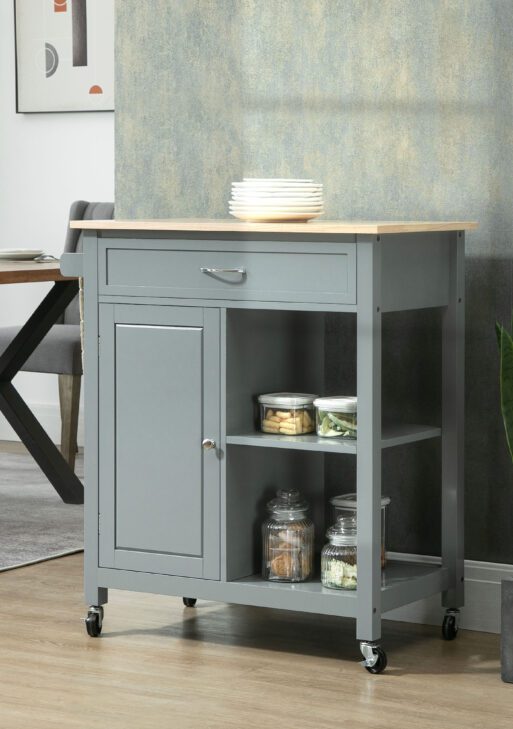 Kitchen Island Cart, Rolling Kitchen Island with Storage Shelf, Solid Wood Top, Drawer, for Dining Room, Gray