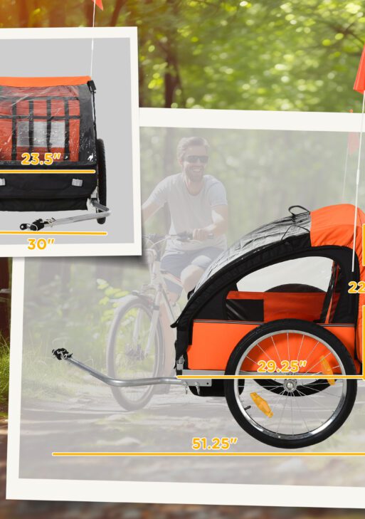 2-Seat Child Bike Trailer for Kids with a Strong Steel Frame, 5-Point Safety Harnesses, & Comfortable Seat, Orange