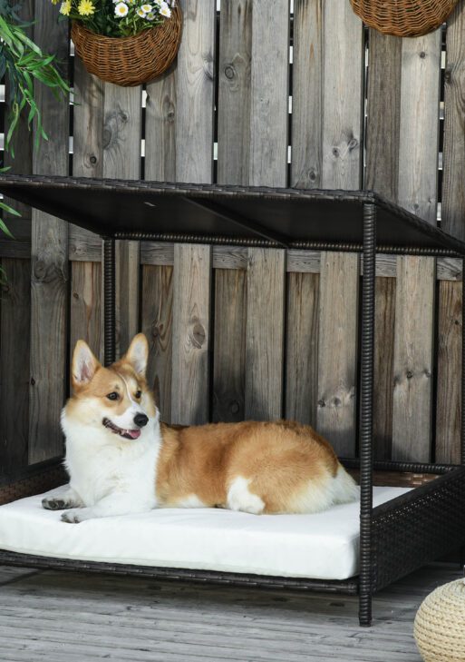 Wicker Dog House Raised Rattan Puppy Bed Cat Shelter for Indoor Outdoor Garden Patio Pet Sofa with Removable Cushion for Medium Sized Pet Brown
