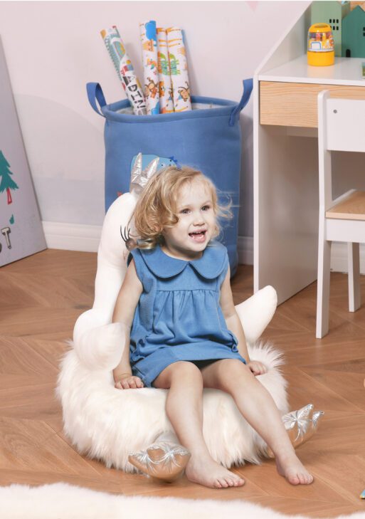 Stuffed Animal Sofa Armrest Chair Cartoon Storage Bean Bag Chair for Kids with Cute Swan Flannel PP Cotton 22" x 16.5" x 22" White