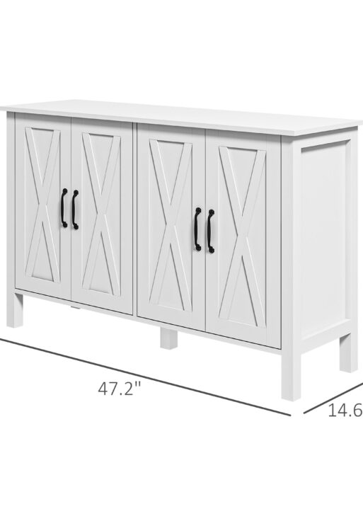 Sideboard Buffet with 4 Barn Doors and 2 Adjustable Shelves, Kitchen Buffet Cabinet for Living Room, Hallway, White