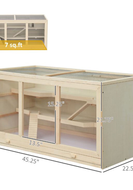 45" Extra Large Wooden Hamster Cage, 3-Layer Rat Cage with Opening Roof, PVC Window, Small Animal Habitat for Gerbil, Dwarf & Syrian Hamsters, Natural
