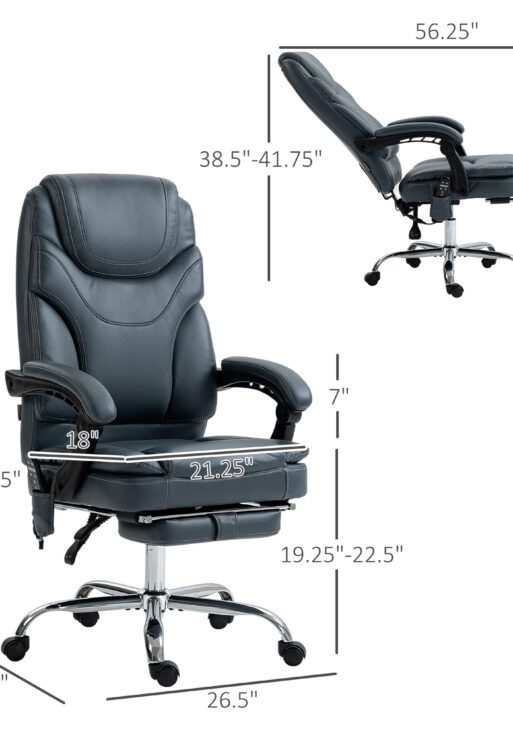 6 Point Vibration Massage Office Chair, PU Leather Heated Reclining Computer Chair with Footrest, Gray