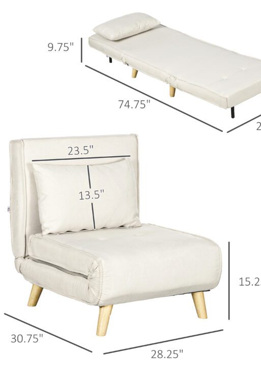 Chair Bed W/ Adjustable Backrest, 2-in-1 Multi-Functional Sofa Bed, Beige