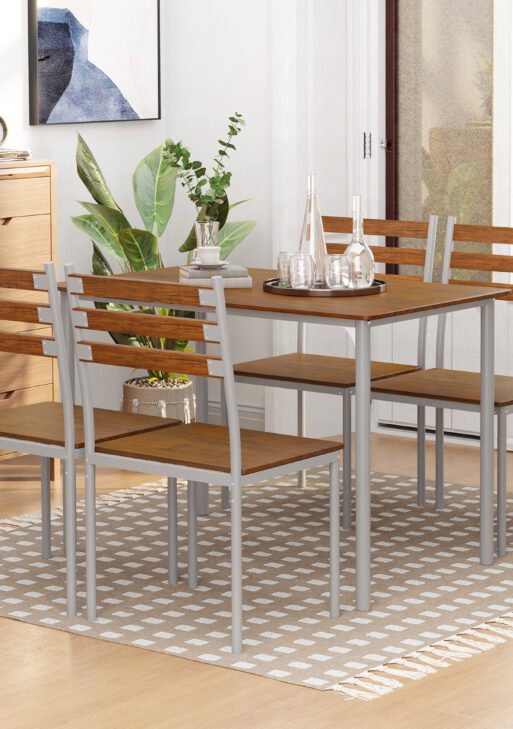 Modern Dining Table Set for 4, 5-Piece Kitchen Table Set, Rectangular Dining Table and 4 Chairs for Small Space, Dinette, Breakfast Nook, Brown