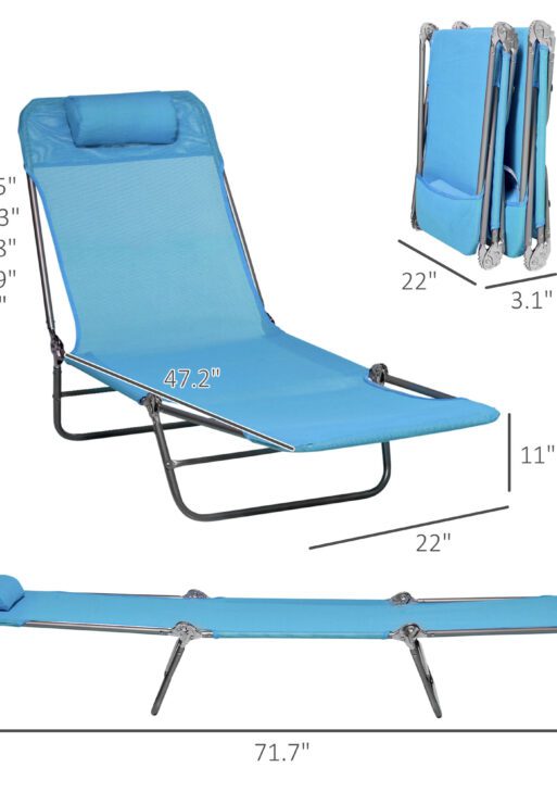 2 Piece Folding Chaise Lounge Chairs, Pool Sun Tanning Chairs with Reclining Back, Breathable Mesh Seat, Headrest for Beach, Yard, Patio, Blue