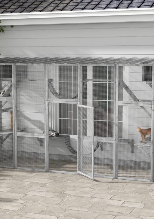 Catio Playground Cat Window Box Outside Enclosure for Multiple Cats w/ Shelves & Bridges, Gray