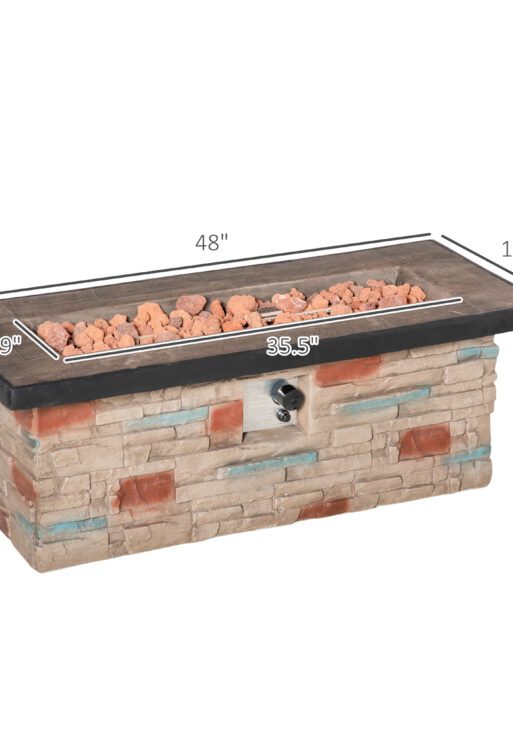 48 Inch Outdoor Propane Gas Fire Pit Table, 50,000 BTU Auto-Ignition Rectangular Faux Ledge Stone Gas Firepit with Lava Rocks and Rain Cover, CSA Certification, Brown