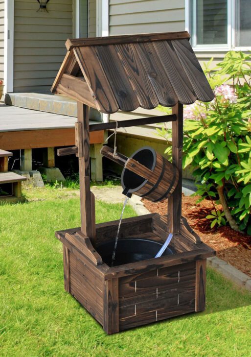 Outdoor Wooden Wishing Well Fountain with Adjustable Water Flow Rate, Outdoor Rustic Waterfall Fountain with Electric Pump, Water Bucket, for Backyard Patio Garden Lawn, Carbonized Finish