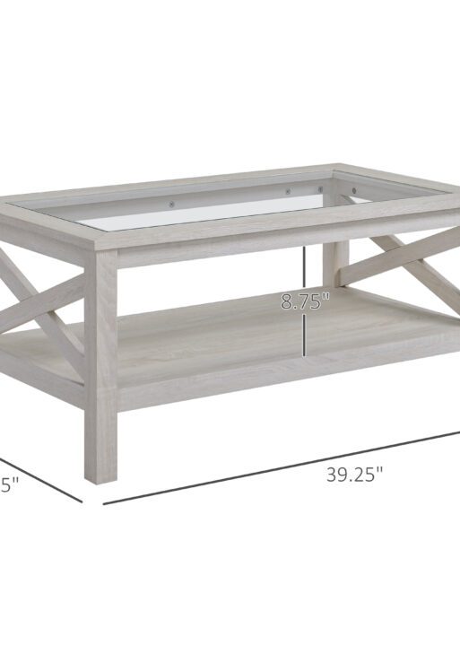 Coffee Table with Tempered Glass Tabletop, Living Room Table with Wood Frame and Underneath Storage Shelf, White Oak