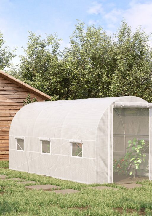 14.6' x 6.6' x 6.6' Walk-In Tunnel Greenhouse, Large Garden Hot House Kit with 6 Roll-up Windows & Roll Up Door, Steel Frame, White