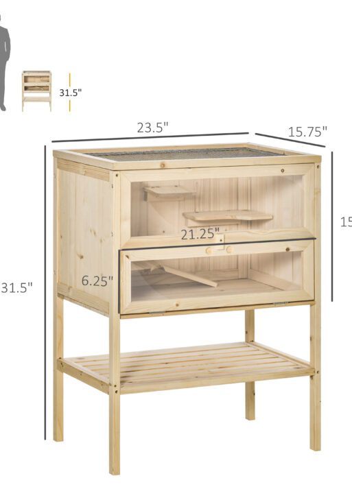 3-Tier Wooden Hamster Cage Mice and Rat Cage Small Animals Hutch with Openable Top, Front Door, Shelf, Natural Wood