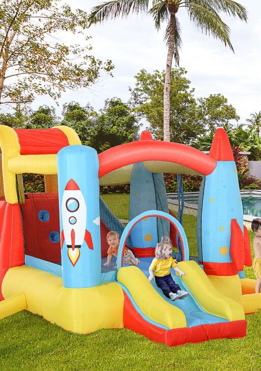 Kids Bounce House, 4-in-1 Rocket Inflatable Water Slide Jumping Castle with 2 Slides, Climbing Wall, Trampoline, & Water Pool Area, Air Blower