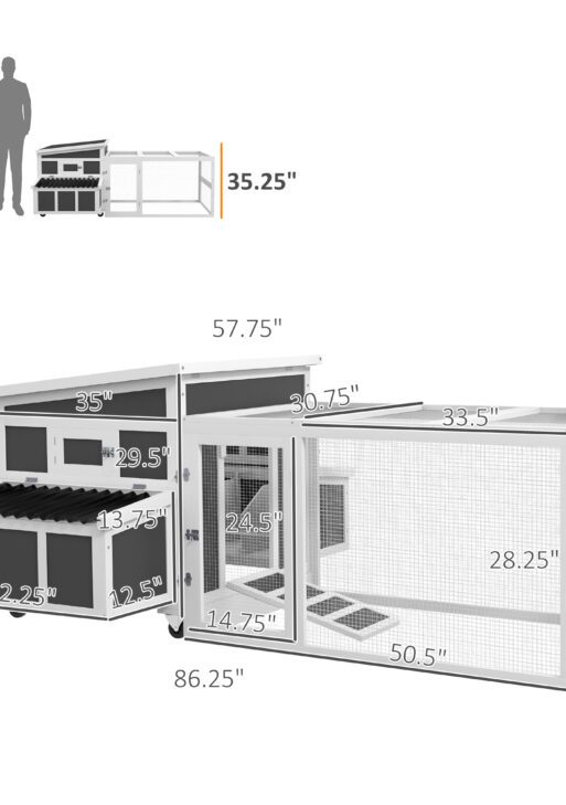 Wooden Chicken Coop with Nesting Box, Pull Out Tray, Run, Perches, Ramp, Windows for 6 Chickens, Dark Gray